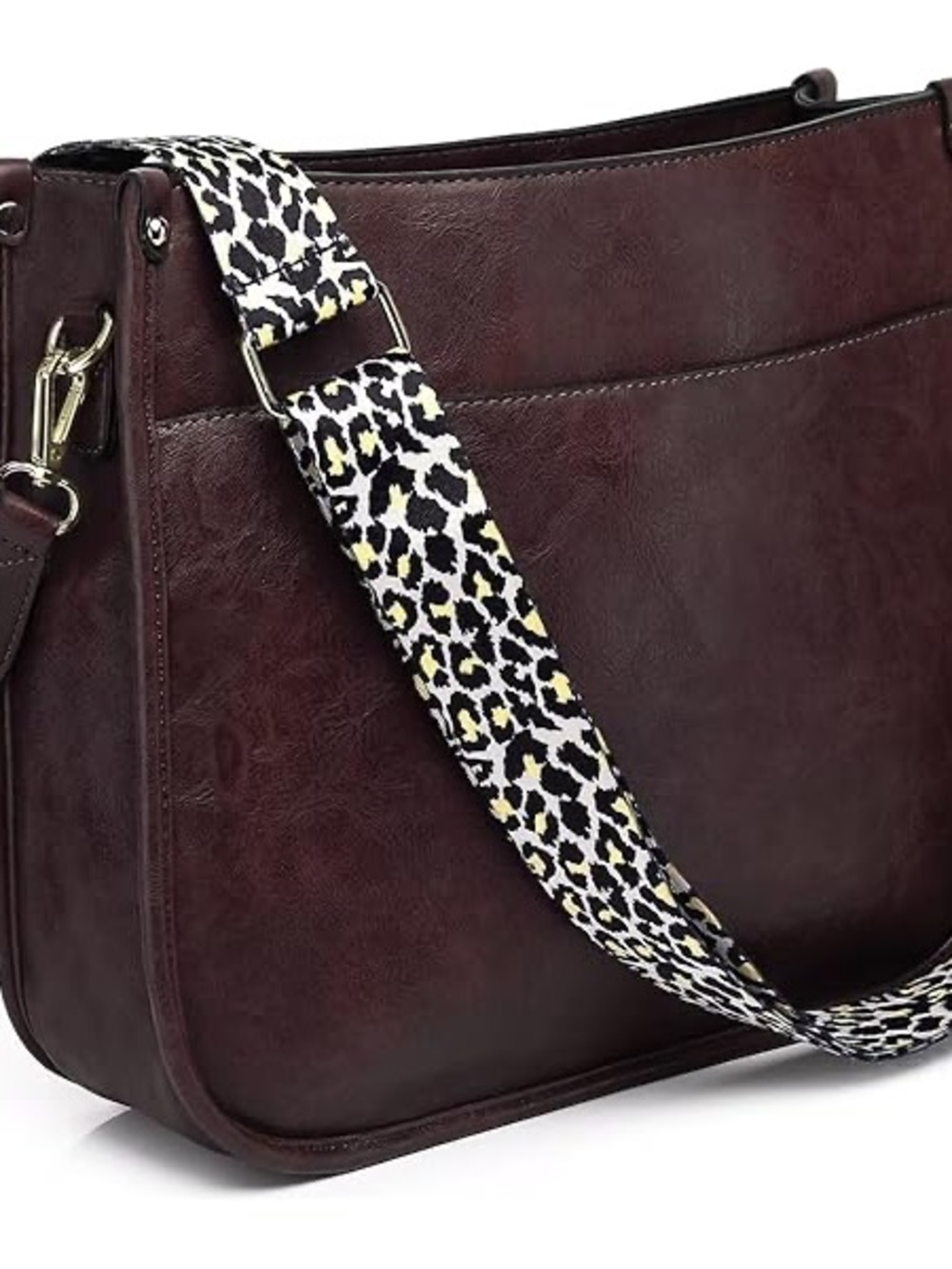 Women's Faux Leather Shoulder Bag with Leopard Strap - Burgundy